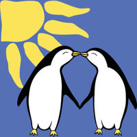 Art of two penguins kissing and holding flippers, on a blue background with a yellow sun above them in the top left corner.